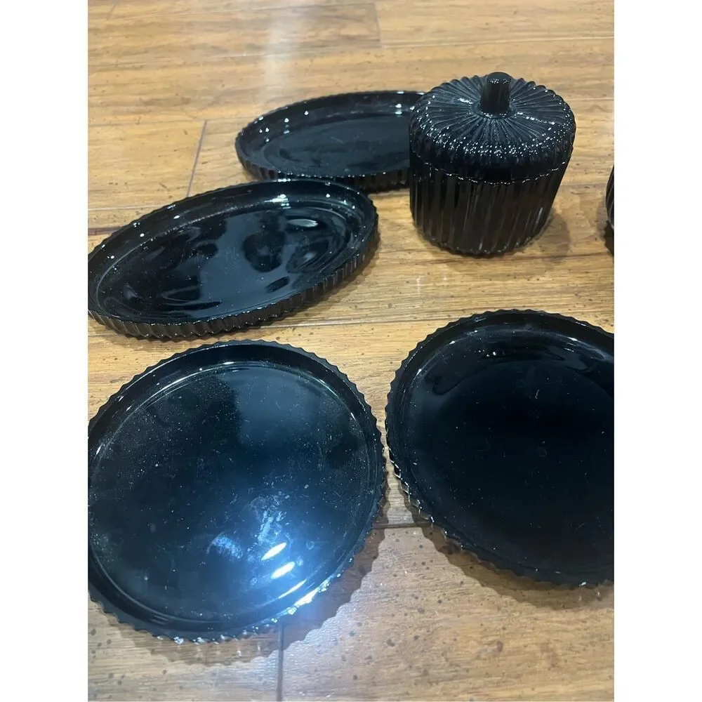 Vintage LE Smith Black Amethyst Ribbed Glass Bowl ,Dishes &Sugar Bowl